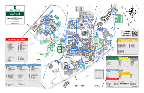 The ADA map for UNC Charlotte with arrows for Atkins Library and specific suggested parking garages.